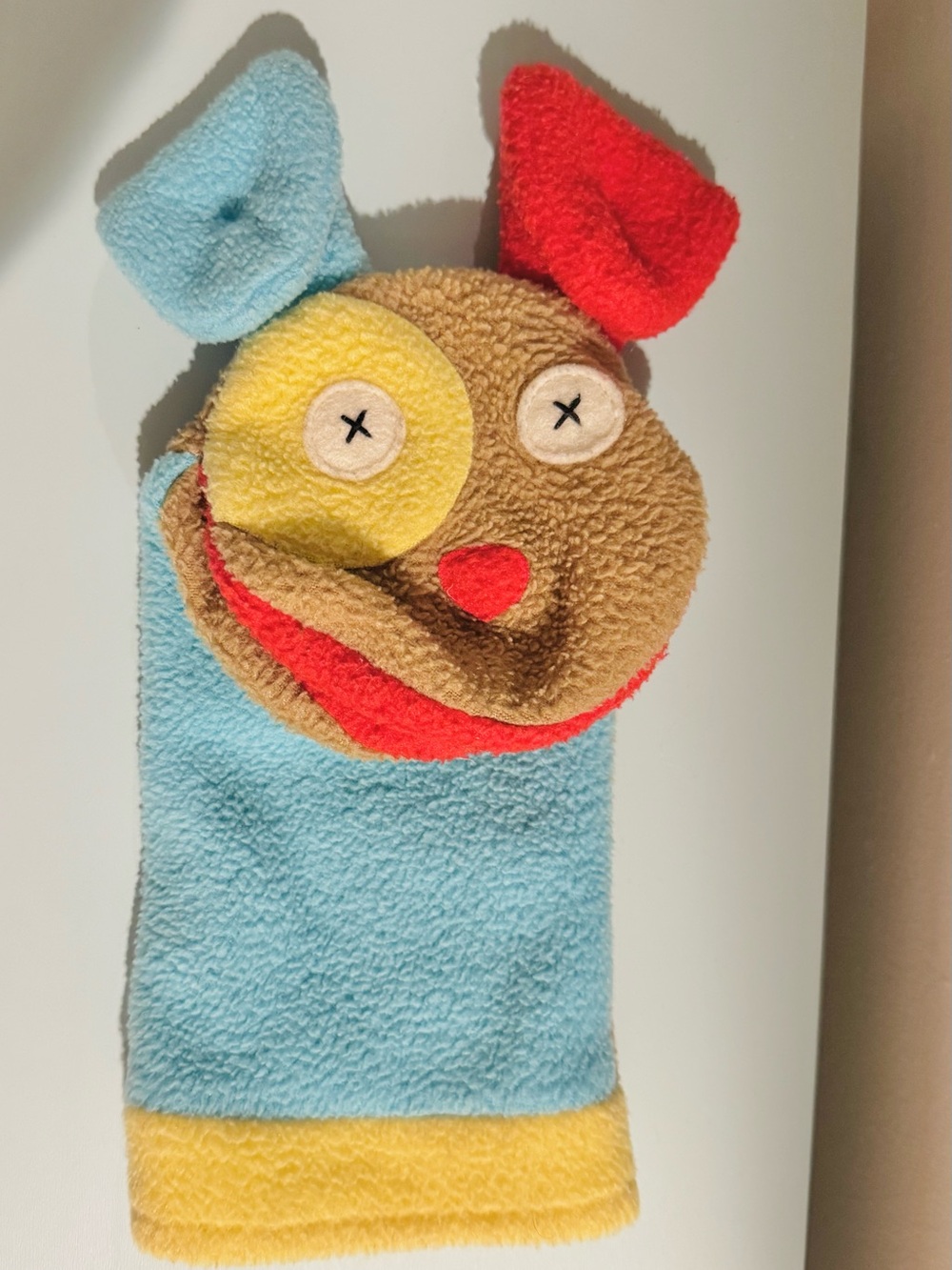 Cate and Levi Kids fleece Plush Dog Hand Puppet - Brown, Blue & Yellow Soft Toy